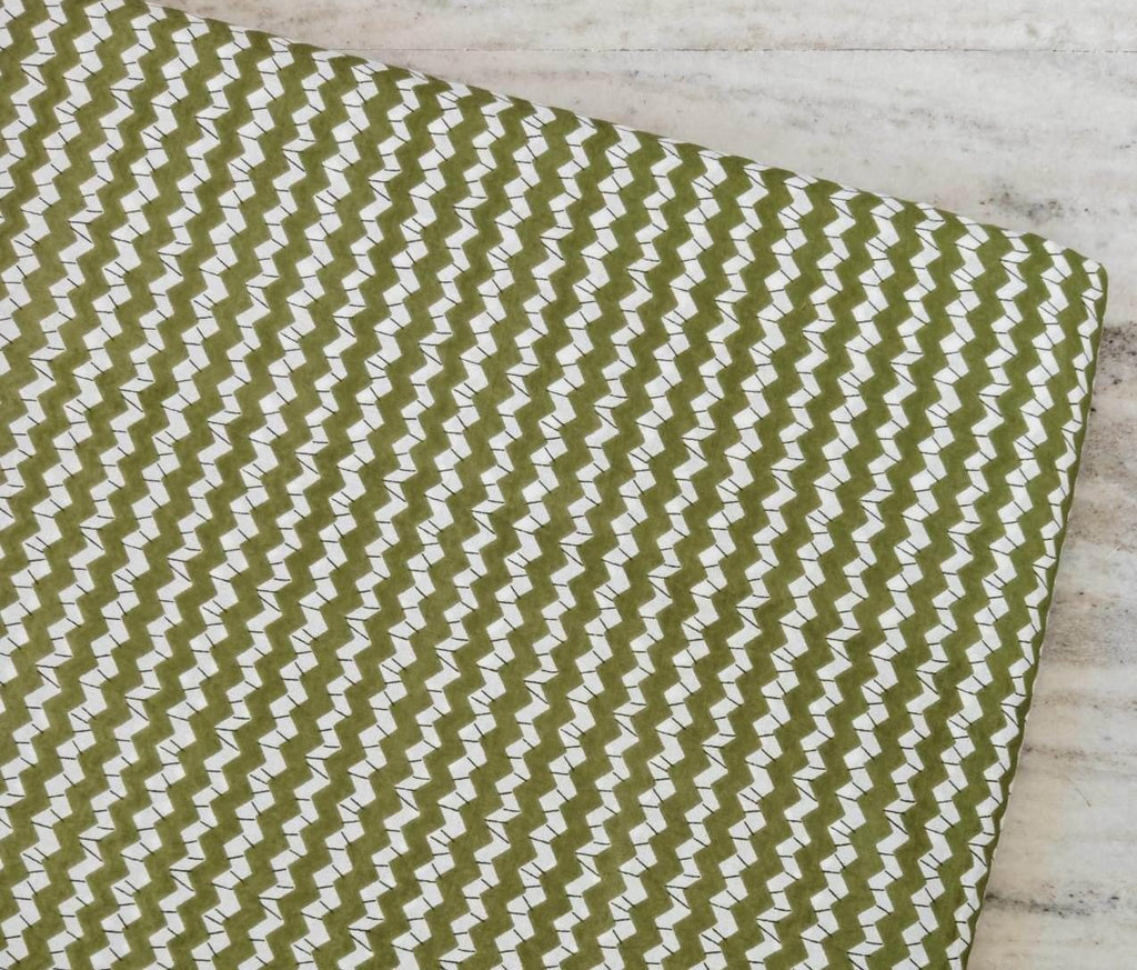 Green Zigzag Cotton Fabric by the Yard, Geometric Chevron Print Fabric, Modern Upholstery Fabric, Quilting Sewing Craft, Olive Green White