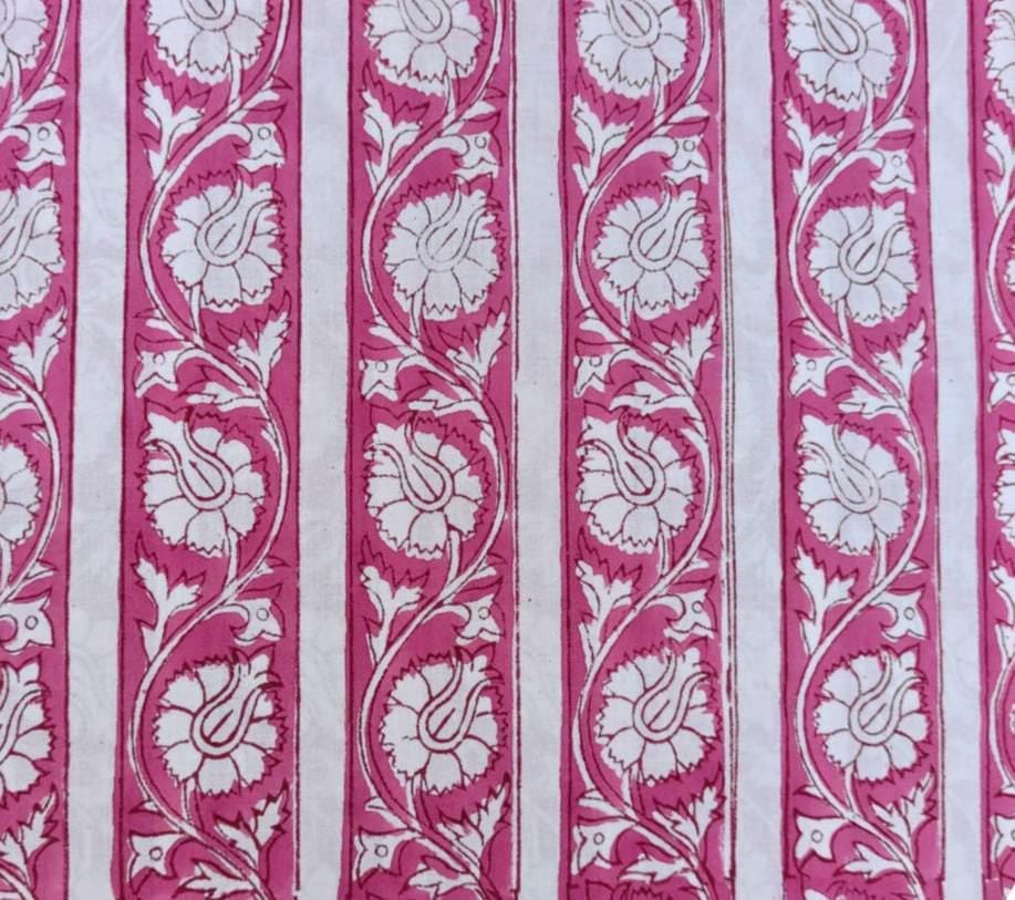 Pink Floral Stripe Cotton Fabric, Hand Block Print Fabric, Indian Cotton Textile, Upholstery Fabric, Dressmaking Fabric Craft Fabric by Yard