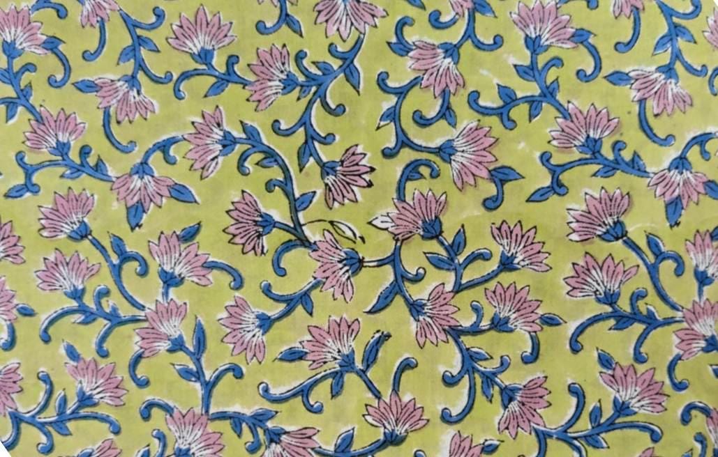 Lime Green Floral Block Print Cotton Fabric by the Yard, Pink Blue Indian Hand Printed Cotton, Boho Quilting Napkins, Runner, Tea Coaster
