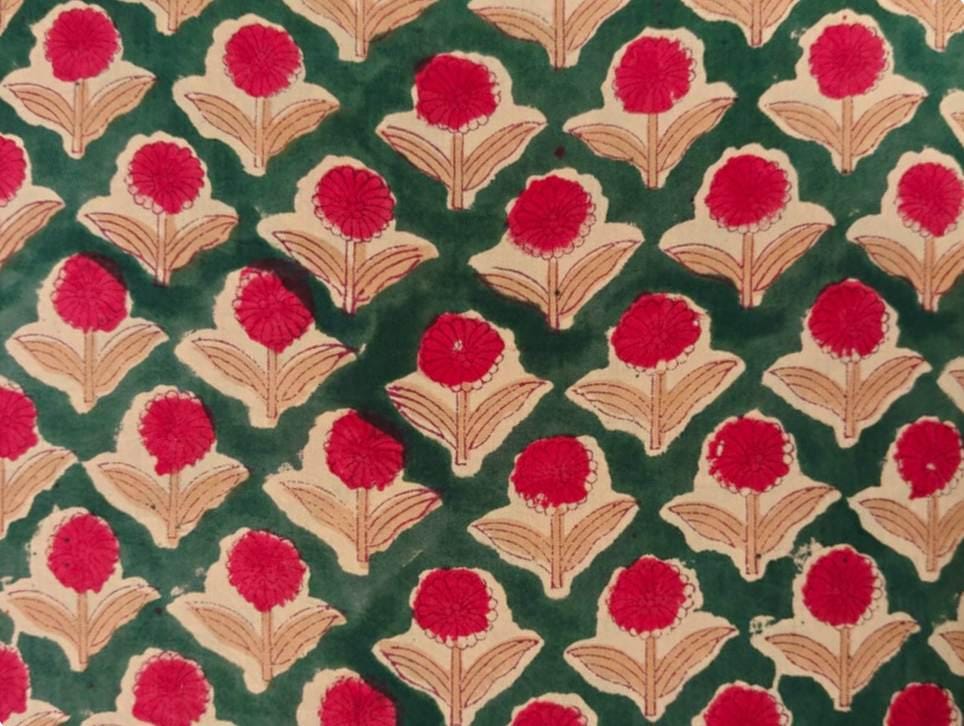 Green Floral Block Print Cotton Fabric, Red Flower Hand Printed Indian Cotton, Traditional Sanganeri Style Fabric for Sewing, Quilting