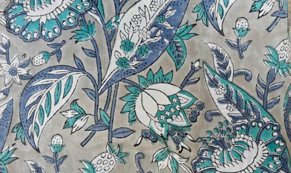 Blue Teal Floral Cotton Fabric by Yard, Grey Background Botanical Print, Indian Block Print Fabric, Upholstery Sewing Fabric, Napkins Fabric