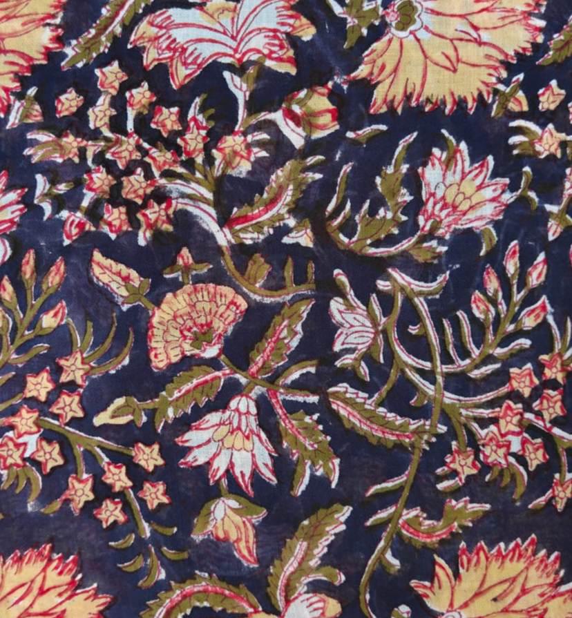 Soft Cotton Navy Blue Floral Fabric, Hand Block Print Indian Fabric, Boho Indigo Flower Textile, Quilting Sewing Cotton By The Yard, Napkins