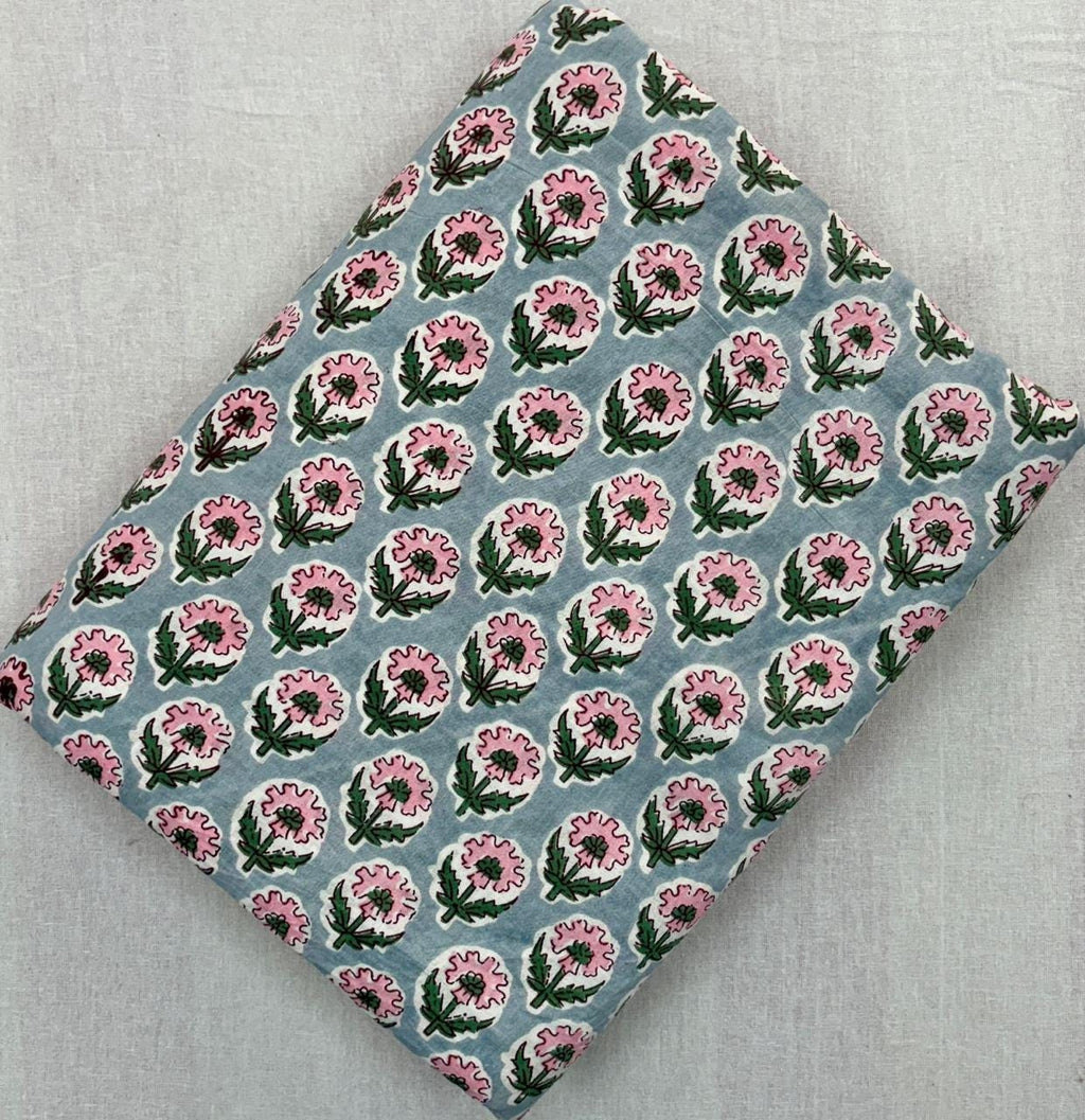 Light Blue Floral Cotton Fabric by Yard, Pink Flower Block Print Fabric, Indian Hand Block Cotton, Boho Dressmaking Quilting & Craft Fabric