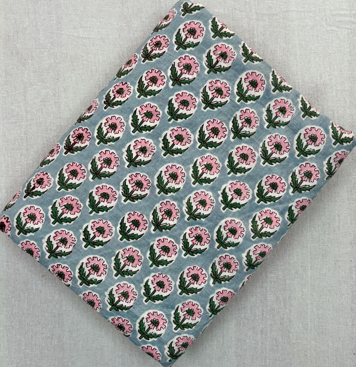 Light Blue Floral Cotton Fabric by Yard, Pink Flower Block Print Fabric, Indian Hand Block Cotton, Boho Dressmaking Quilting & Craft Fabric