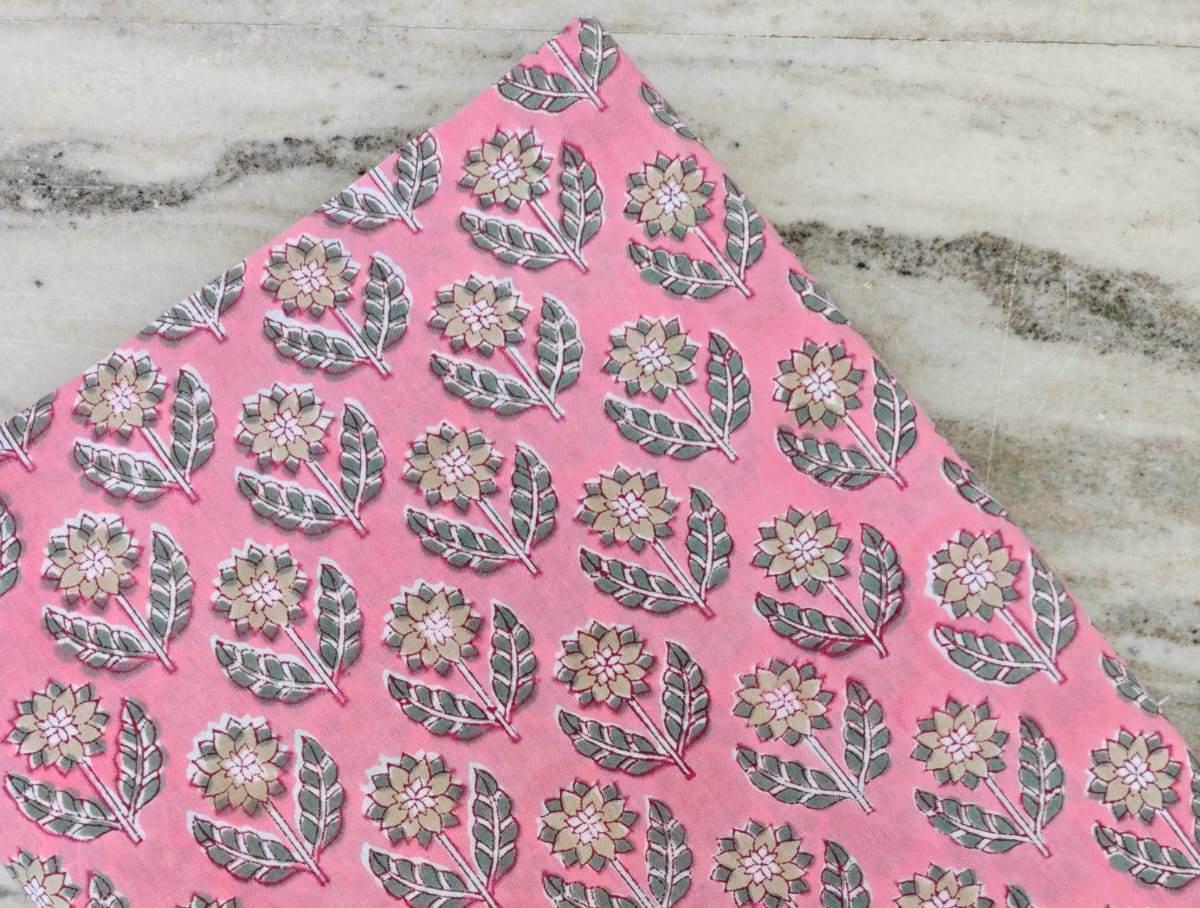 Pink Green Block Print Cotton Fabric, Floral Printed Fabric by the Yard, Soft Cotton for Sewing, Quilting, Dressmaking, Personlized Gifts
