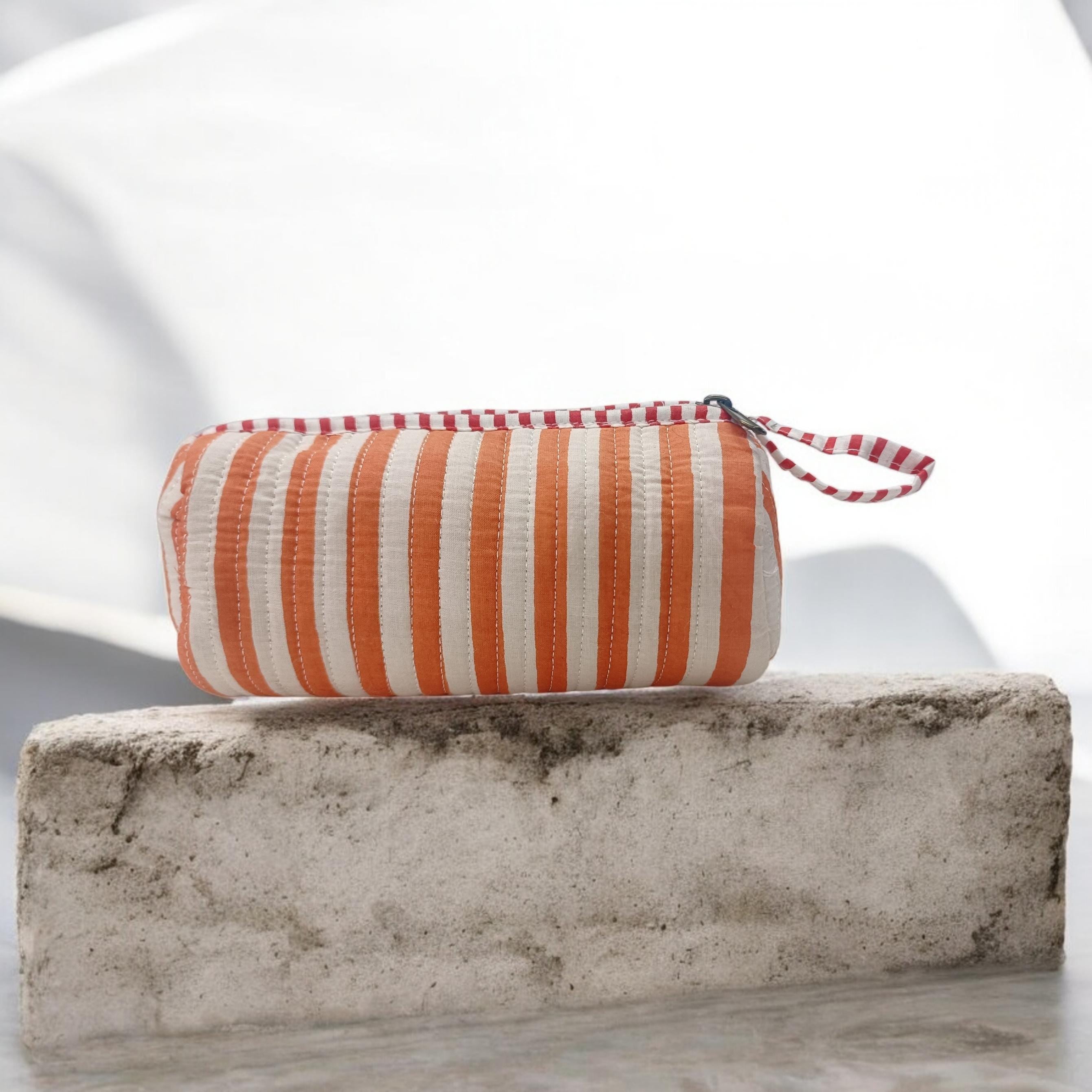 Orange Striped Quilted Makeup Pouch, Handmade Cotton Zip Bag, Small Travel Cosmetic Case with Wrist Loop, Boho Toiletry Pouch