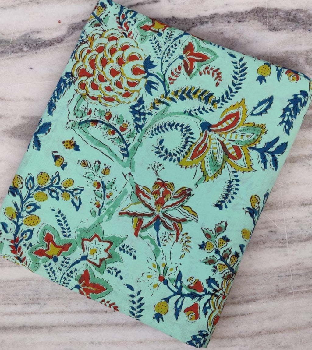 Green Indian Hand Block Print Fabric, 100% Cotton Quilting Fabric By The Yard, Dressmaking Fabric, Loose Running Fabric, Napkin Fabric