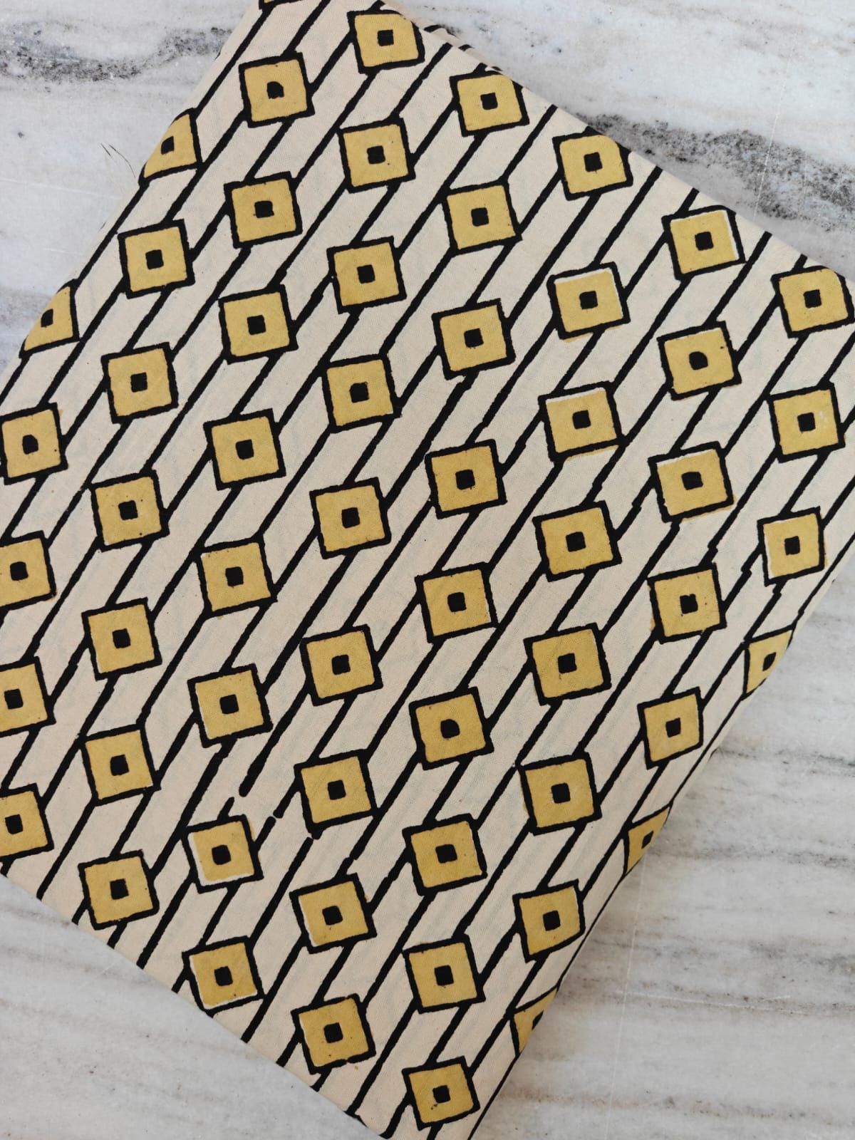 Geometric Cotton Fabric by the Yard – Mustard Yellow & Black Diamond Print on Cream – Modern Block Print Style Quilting and Craft Fabric