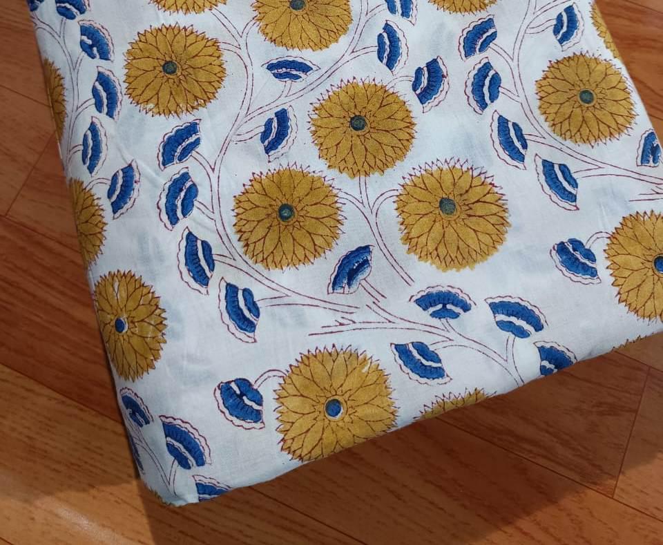 Hand Block Print Cotton Fabric: Floral Sewing Material By The Yard