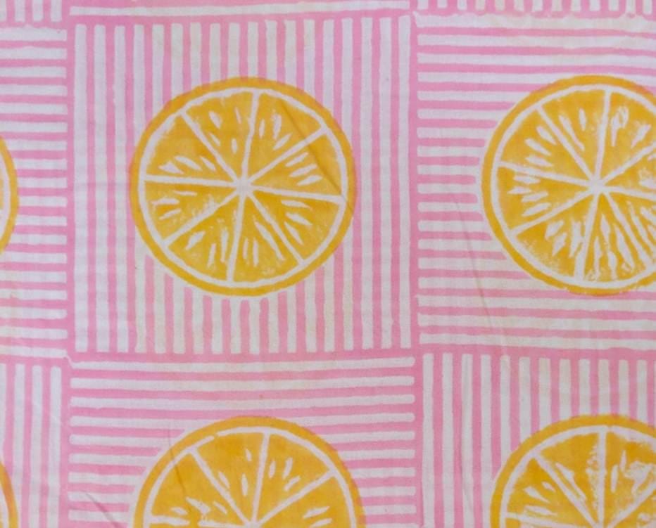 Pink Floral Cotton Fabric, Lemon Slice Hand Block Fabric Print by the Yard, Yellow Citrus Print on Striped Background, Indian Soft Cotton