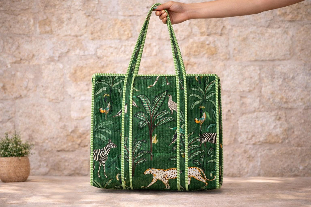 Green Jungle Print Quilted Tote Bag, Handmade Cotton Block Print Shoulder Bag, Large Fabric Shopper, Reusable Market Bag, Safari Animal Tote
