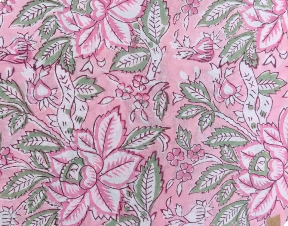 Pink Floral Cotton Fabric by the Yard, Hand Block Print Fabric with Green Leaves, Soft Indian Cotton for Sewing & Quilting, Textile Fabric