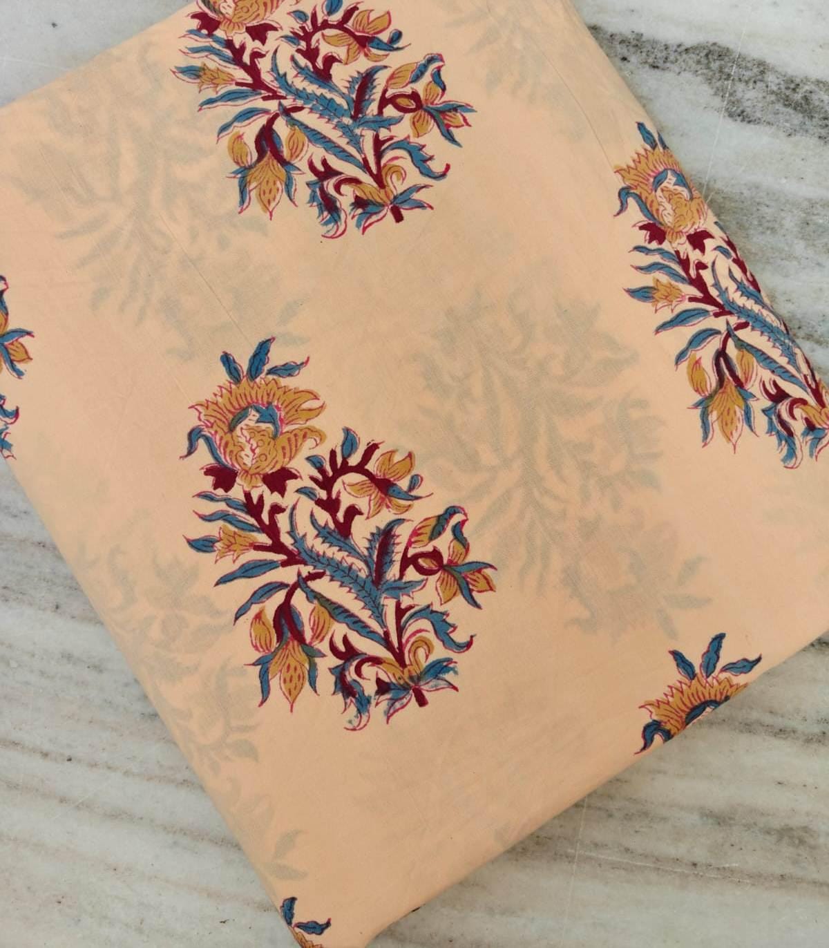 Peach Floral Cotton Fabric by the Yard, Indian Block Print Fabric, Boho Flower Print for Sewing, Quilting & Home Decor, Loose Running Fabric