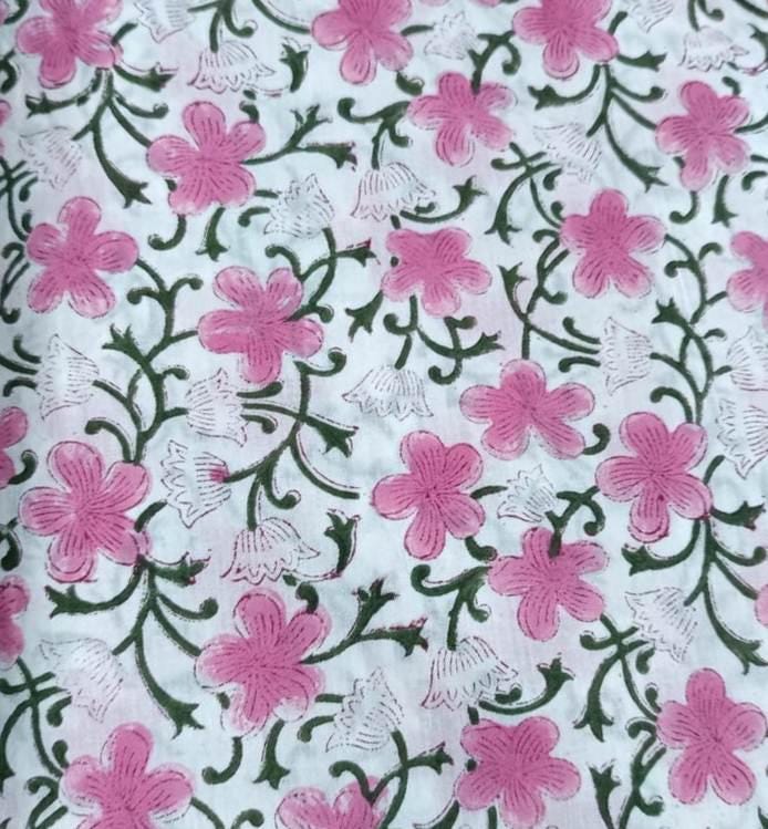 Pink Red Designer Hand Block Print Fabric, Floral 100% Cotton Quilting Fabric By The Yard, Fabric For Dress Making, Loose Running Fabric