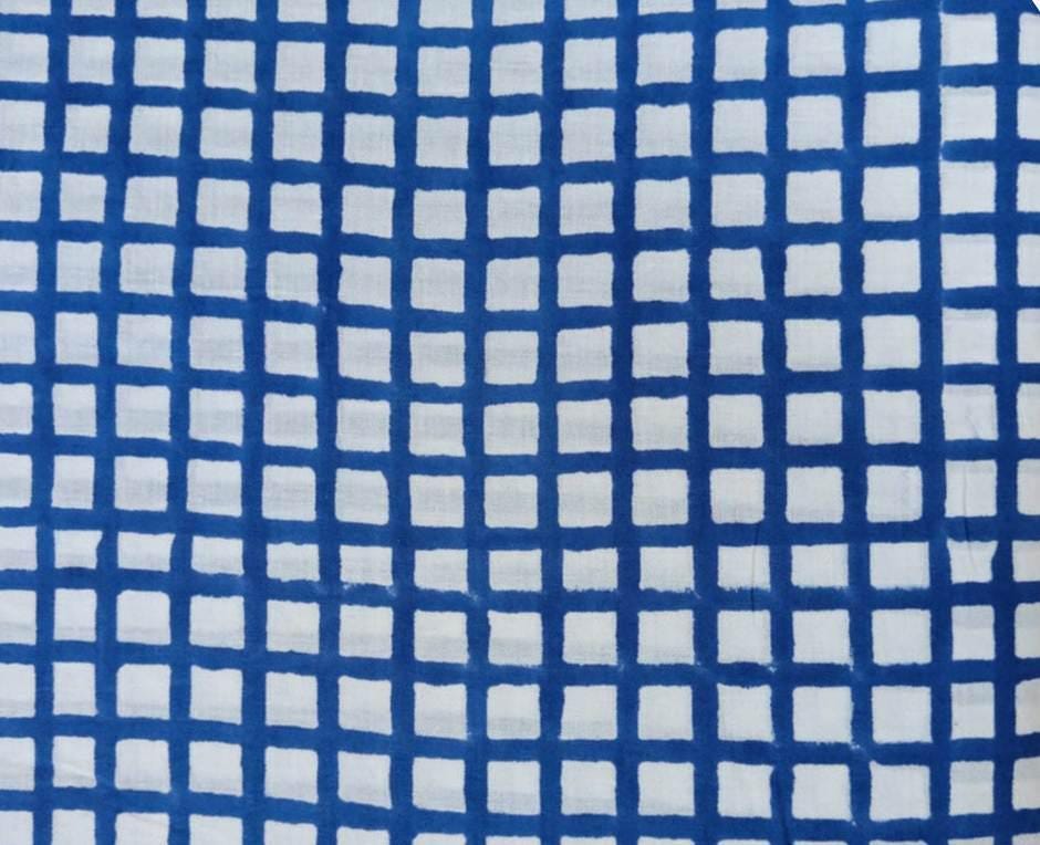 Blue White Check Cotton Fabric, Geometric Grid Print Fabric, Hand Block Print Cotton, Modern Minimal Fabric, Quilting Sewing Craft Fabric