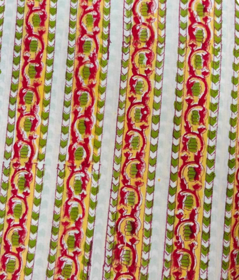 Red Yellow Floral Stripe Cotton Fabric, Indian Hand Block Print Cotton Fabric, Green Boho Stripe Material for Sewing Fabric For Dress Making