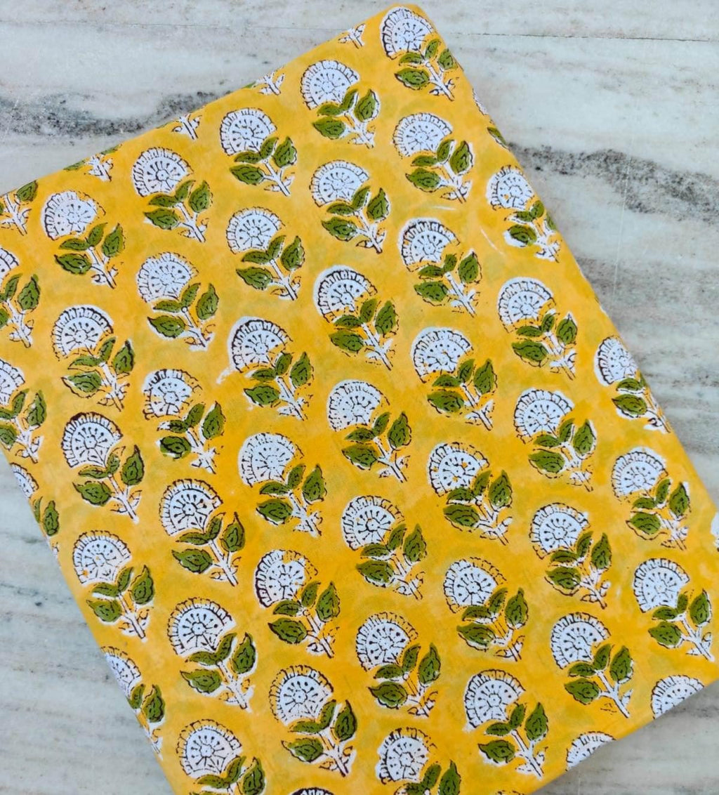 Yellow Floral Cotton Fabric, Indian Block Print Cotton Fabric, Hand Block Style Fabric by Yard, Yellow Green Flower Fabric for Dress Fabric