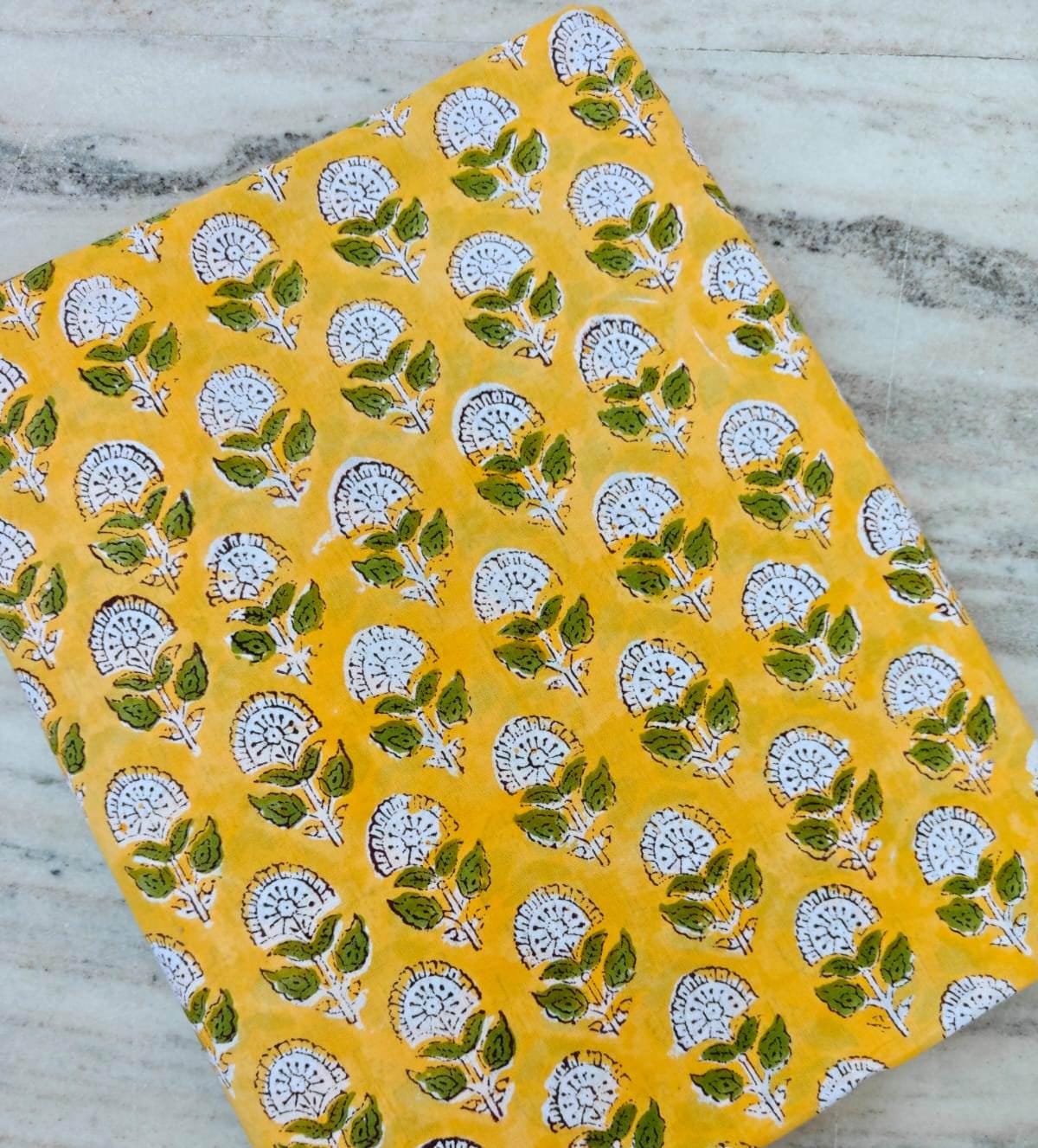 Yellow Floral Cotton Fabric, Indian Block Print Cotton Fabric, Hand Block Style Fabric by Yard, Yellow Green Flower Fabric for Dress Fabric