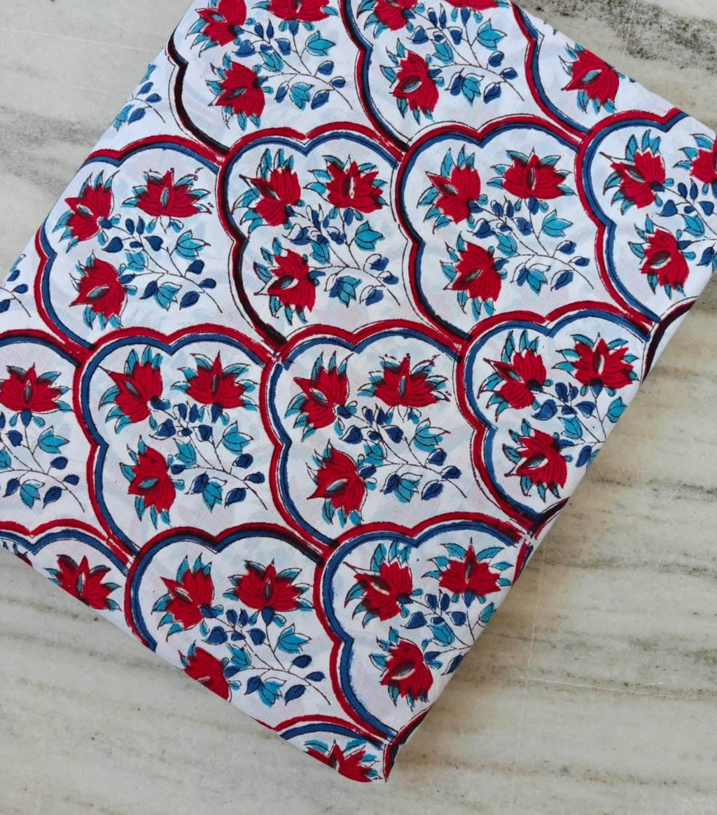 Red Floral Cotton Fabric, Indian Block Print Fabric, White Blue Designer Fabric, Scallop Pattern Boho Fabric, Quilting Craft Fabric by Yard