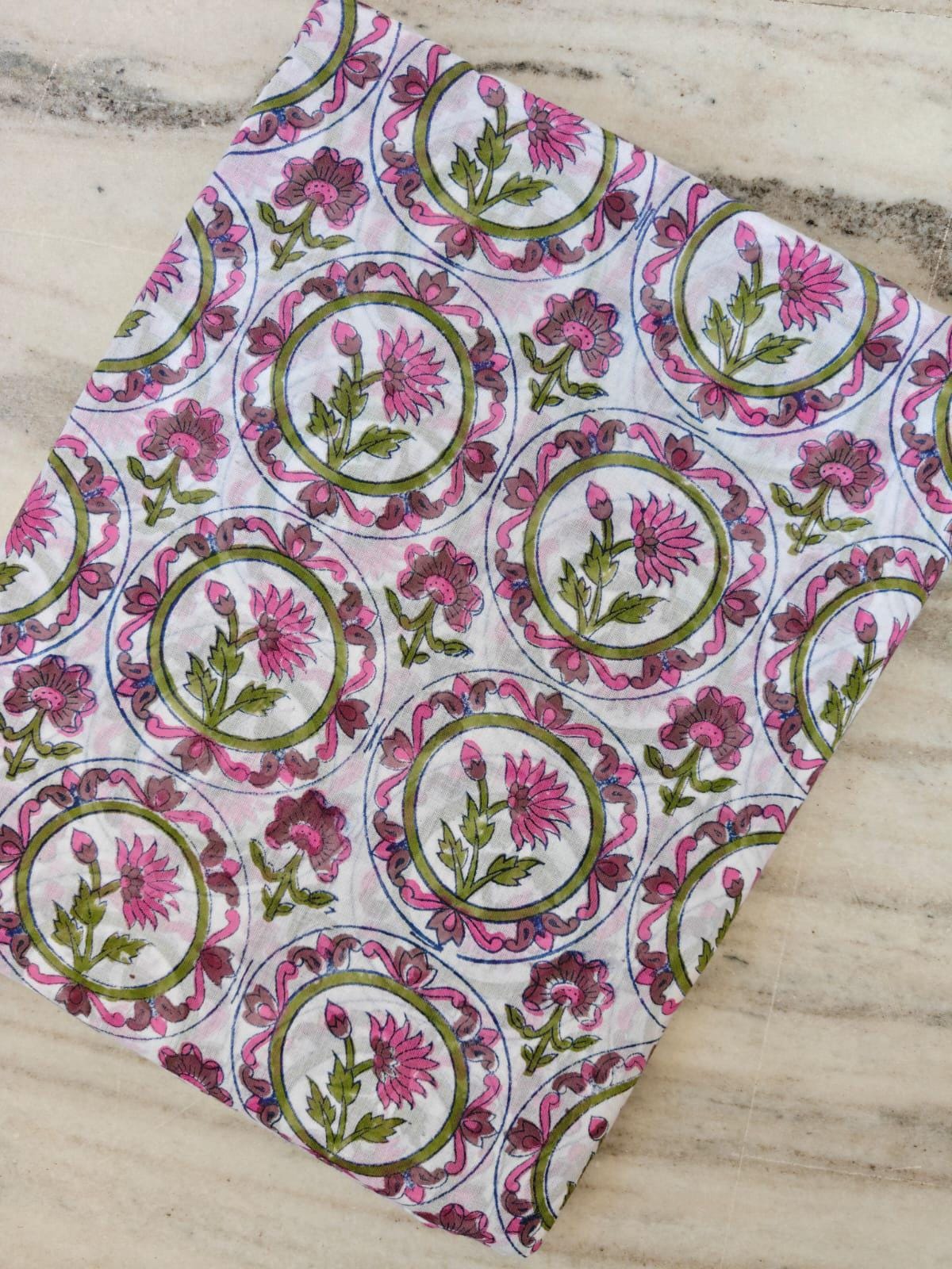 Pink Floral Cotton Fabric, Indian Hand Block Print Fabric, White Cotton Boho Fabric, Floral Circle Print Fabric, Dressmaking Craft Fabric