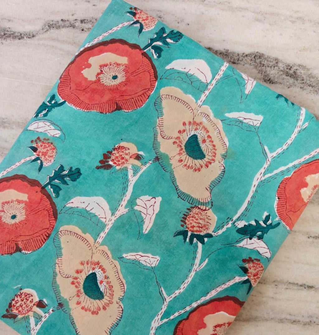 New Arrival Fabric Turquoise Floral Cotton Fabric by the Yard, Large Poppy Print Cotton, Teal Coral Flower Fabric, Loose Running Fabric