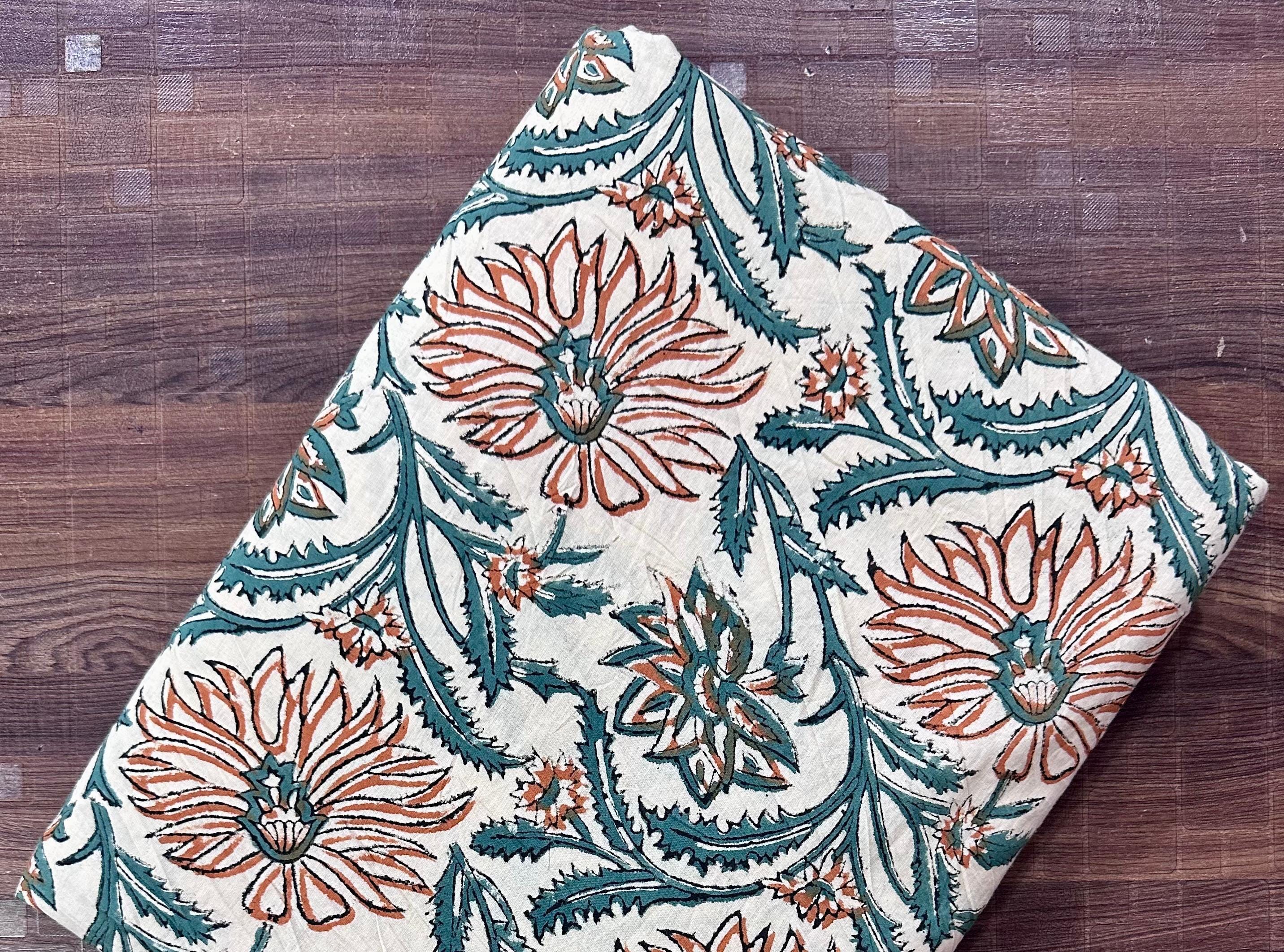 Beige Floral Block Print Cotton Fabric by the Yard | Handcrafted Indian Cotton for Sewing, Quilting & Apparel | Quilting Dressmaking Fabric