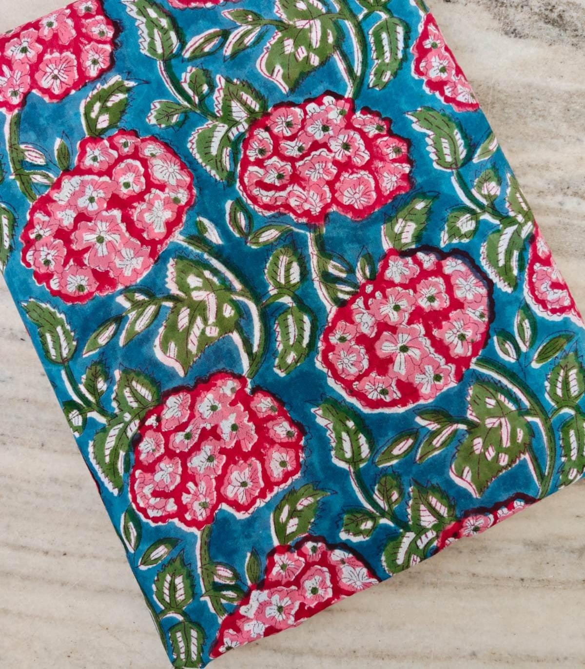 Teal Blue Floral Cotton Fabric, Bold Pink Hydrangea Print Fabric, Botanical Flower Fabric by Yard, Quilting Sewing Craft Dressmaking Cotton