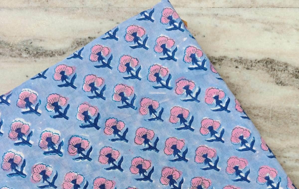 Blue Pink Floral Block Print Fabric, Hand Block Printed Cotton Fabric, Indian Floral Textile Fabric For Dress Making, Loose Running Fabric