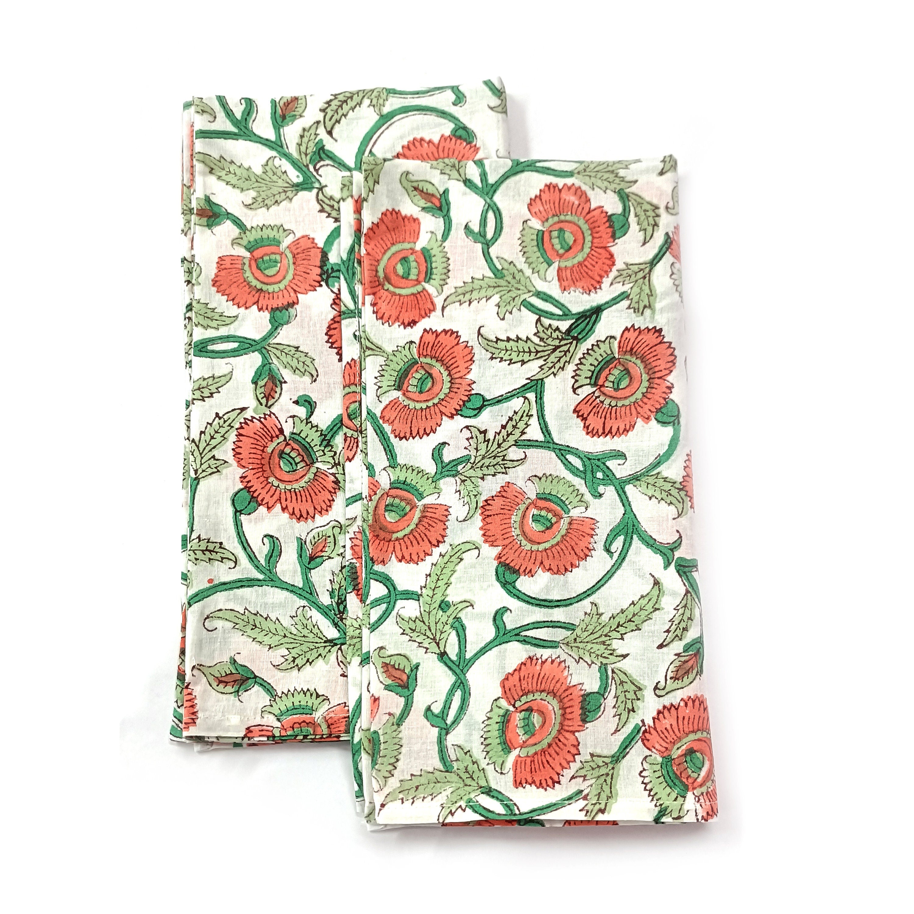 Hand Block Printed Cotton Napkins: Indian Floral Dinner Napkins, 18x18 Inches