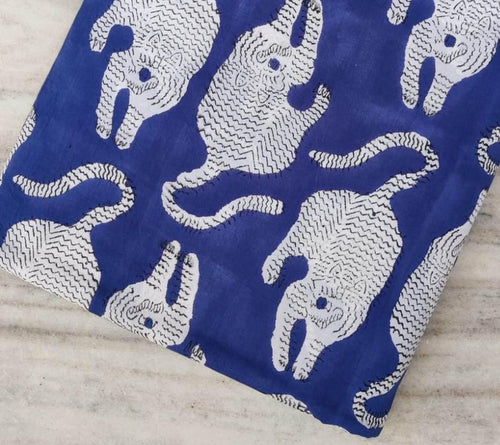 Blue Cat Print Cotton Fabric, Animal Pattern Soft Cotton by Yard, Hand Block Print Fabric for Quilting, Sewing, Dressmaking, Textile Fabric