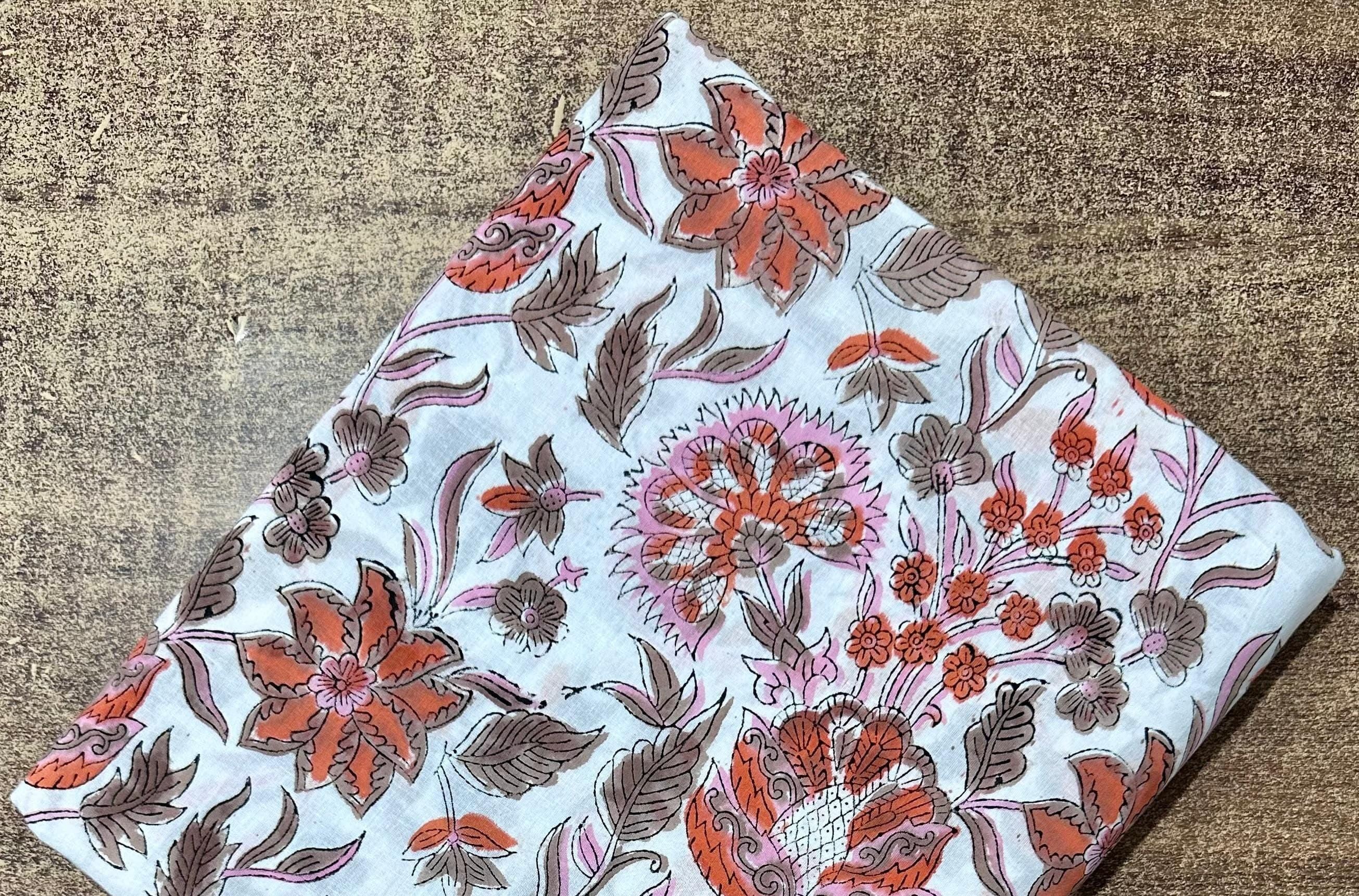 Floral Cotton Fabric by the Yard | Beige & Peach Hand Block Print Indian Cotton for Sewing, Quilting Fabric Dressmaking Loose Running Cloth