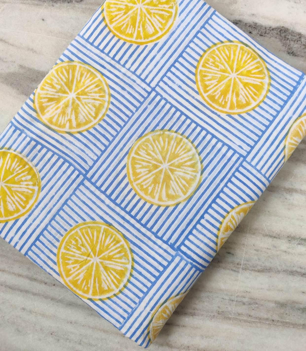 Blue Floral Cotton Fabric, Lemon Slice Hand Block Fabric Print by the Yard, Yellow Citrus Print on Striped Background, Indian Soft Cotton