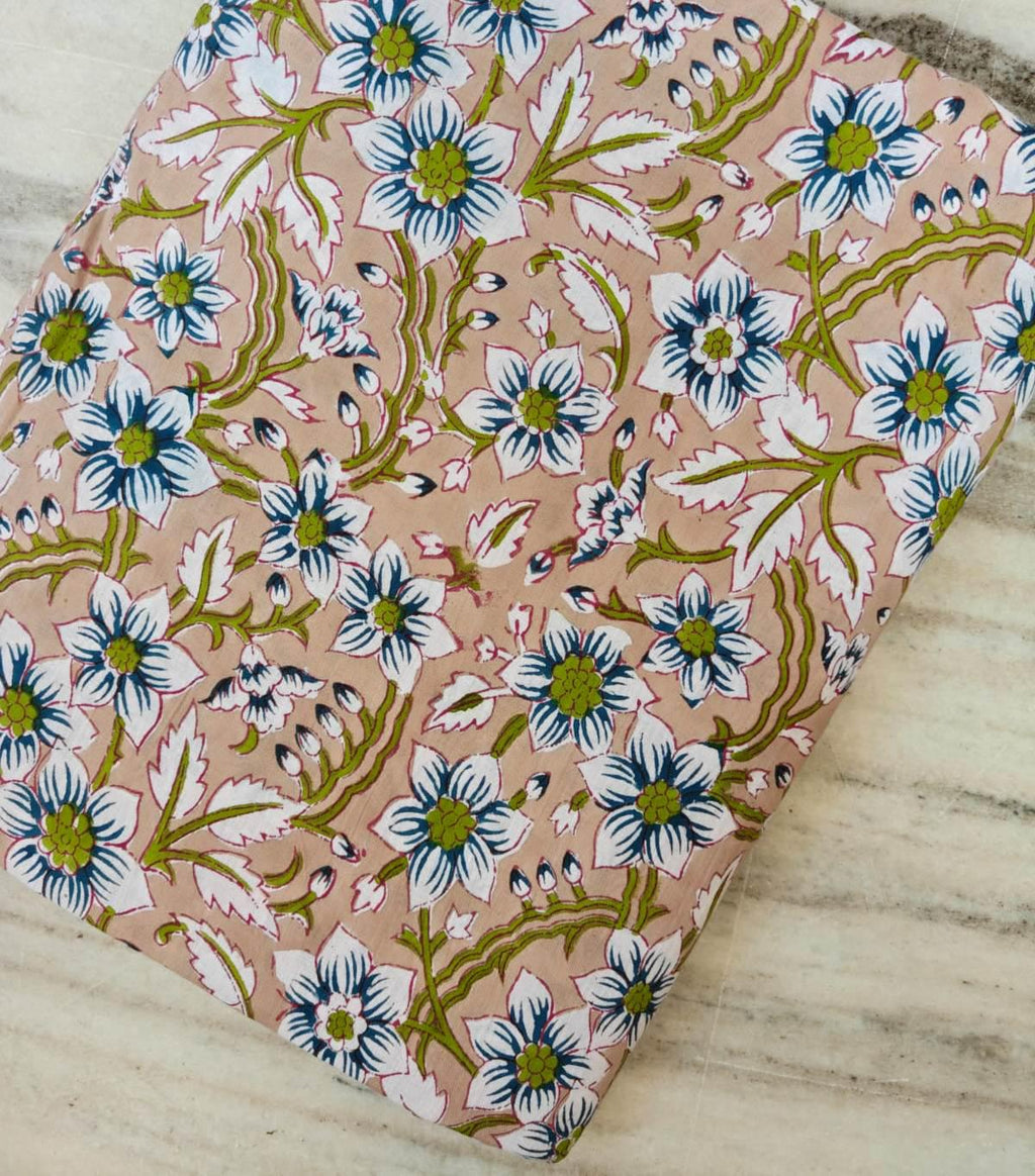 Pink Floral Cotton Fabric Hand Block Print Fabric Indian Cotton Textile Blue White Flower Fabric Botanical Vine Fabric Quilting Craft Fabric