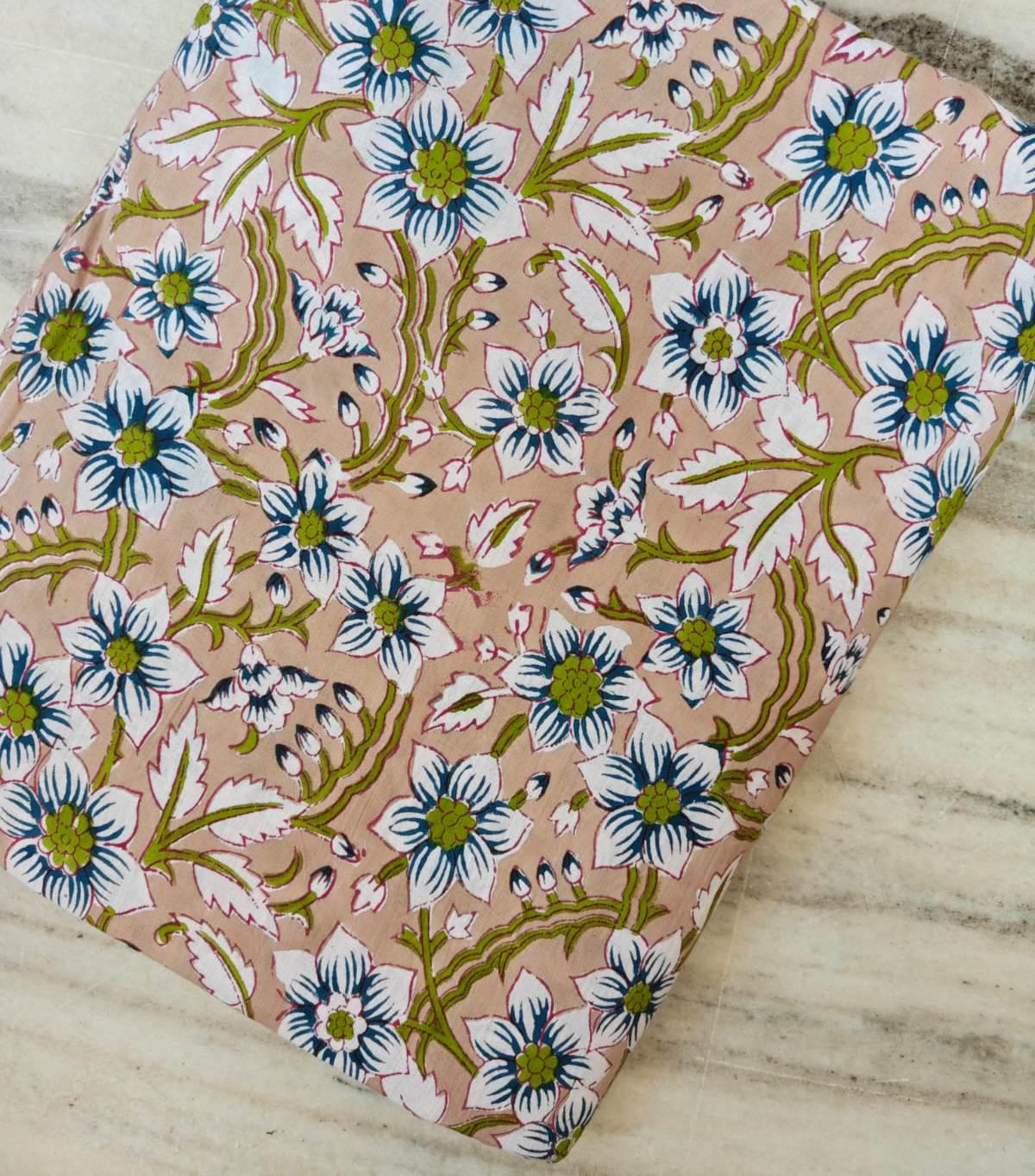 Pink Floral Cotton Fabric Hand Block Print Fabric Indian Cotton Textile Blue White Flower Fabric Botanical Vine Fabric Quilting Craft Fabric