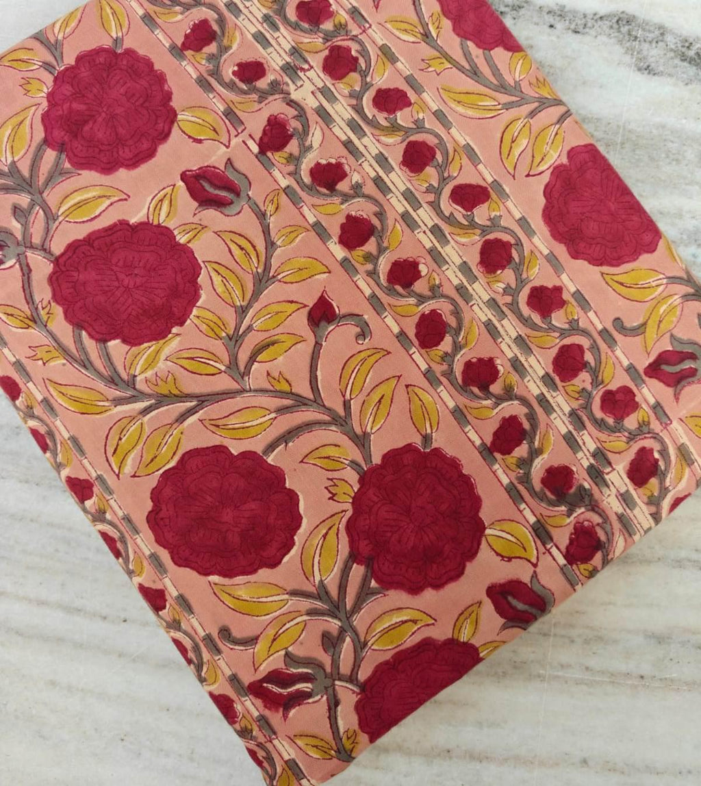Peach & Red Floral Cotton Fabric by the Yard – Indian Block Print Botanical Stripe – Handmade Craft Textile, Quilting Fabric, Apparel Fabric
