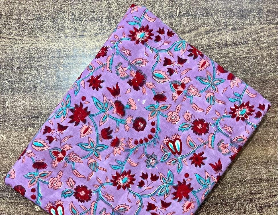 Purple Floral Cotton Fabric | Hand Block Print Cotton Fabric Fabric by The Yard | Indian Printed Cotton for Sewing, Quilting, Dressmaking
