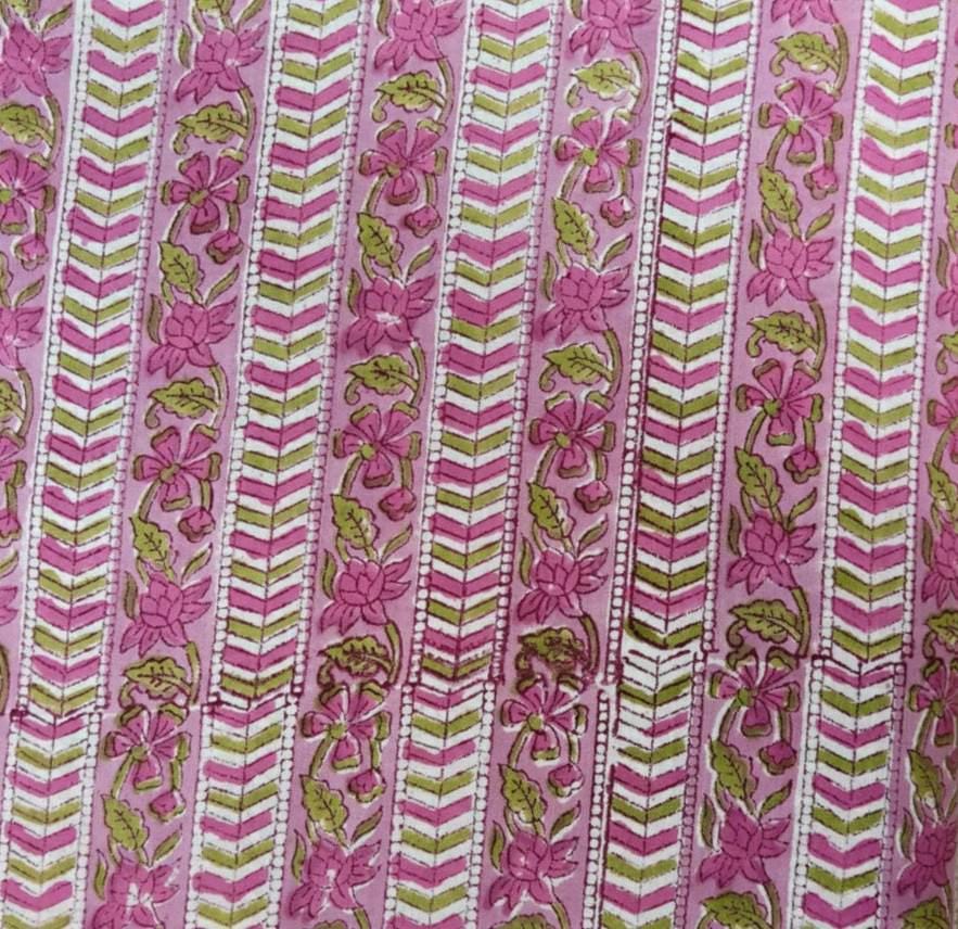 Pink Floral Cotton Fabric by the Yard, Block Print Stripe Pattern, Green & White Chevron, Indian Handmade Craft Fabric, Loose Running Fabric