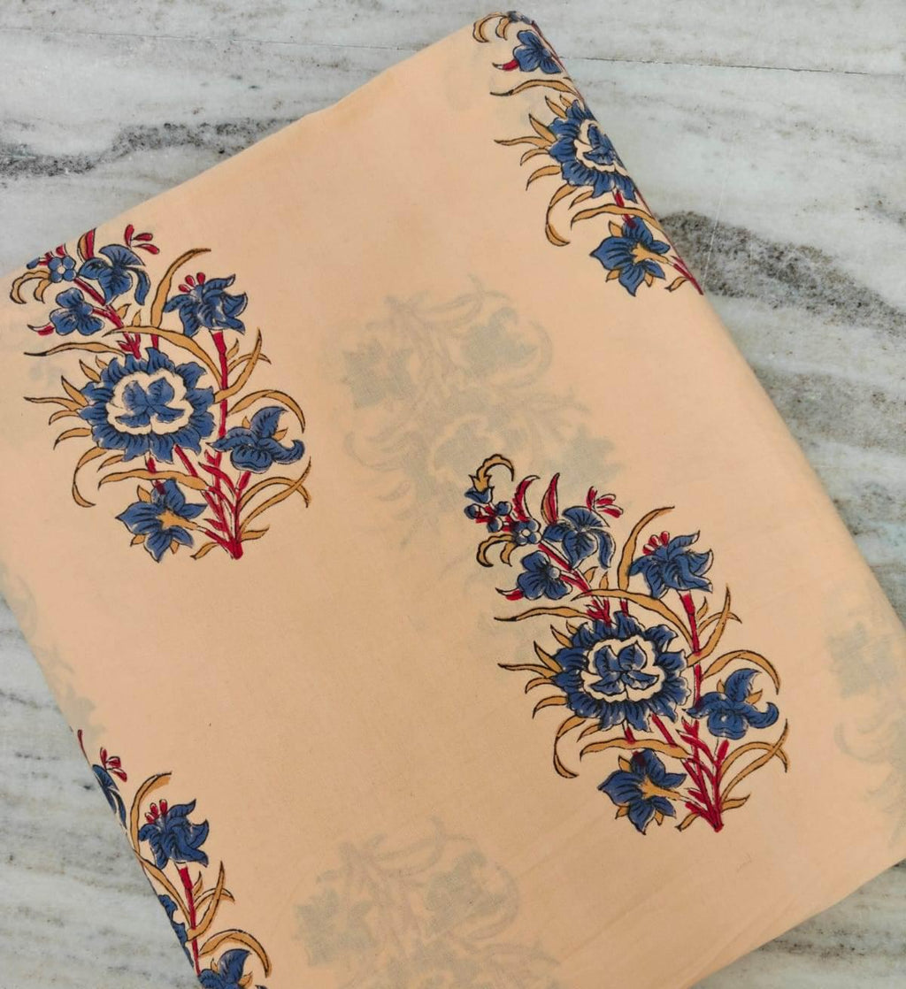 Peach and Blue Indian Hand Block Print Fabric, Floral 100% Cotton Quilting Fabric By The Yard, Fabric For Dress Making, Loose Running Fabric