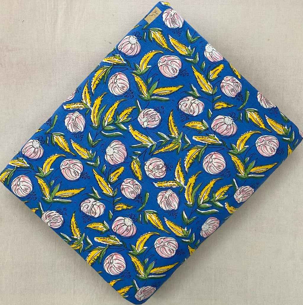 Blue Floral Cotton Fabric, Hand Block Print Fabric, Yellow Leaf Pink Flower Fabric, Indian Cotton Fabric by Yard Dressmaking Quilting Fabric