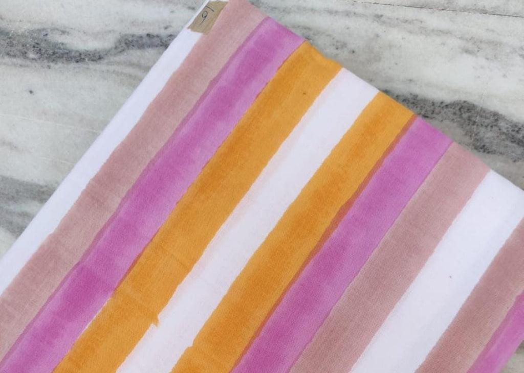 Multicolor Stripe Cotton Fabric | Pink Orange White Striped Print | Indian Soft Cotton by the Yard | Sewing, Quilting, Dressmaking Material
