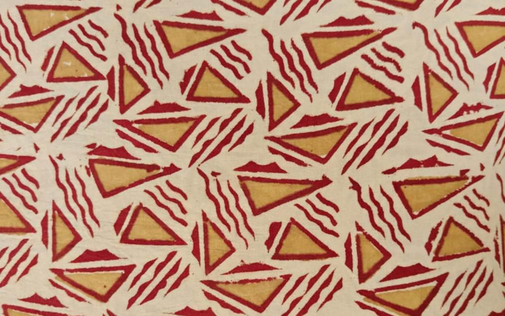 Red Mustard Geometric Cotton Fabric, Triangle Block Print, Indian Handcrafted Sewing Quilting Fabric by the Yard, Fabric For Dress Making