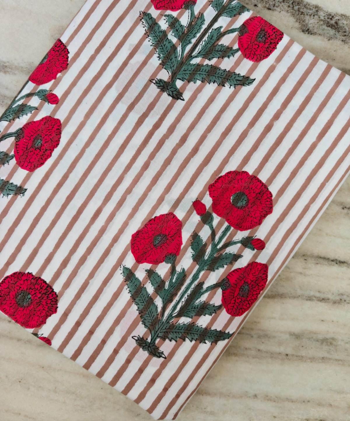 Floral Cotton Fabric with Red Poppy Print, Striped Background, Lightweight Cotton Yardage, Dressmaking Quilting Fabric, Botanical Textile