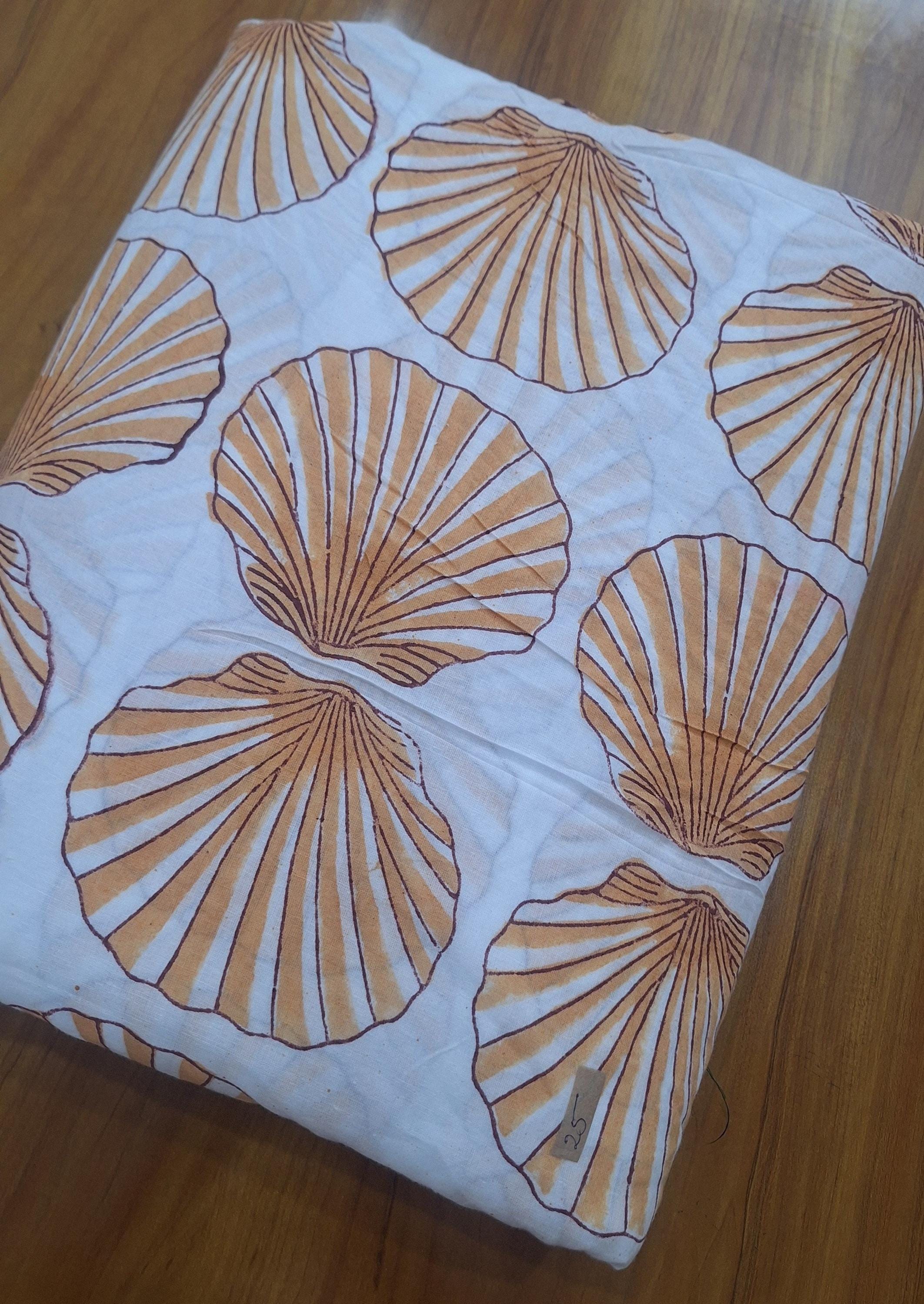 Hand Block Print Cotton Fabric, Beige Seashell Pattern, Soft Lightweight Cotton Cloth, Coastal Beach Fabric by the Yard, Ocean Theme Textile