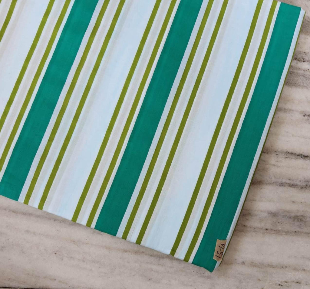 Green and White Striped Cotton Fabric, Hand Block Print Textile, Teal Olive Stripe Fabric, Soft Cotton, Sewing Craft Fabric, By the Yard