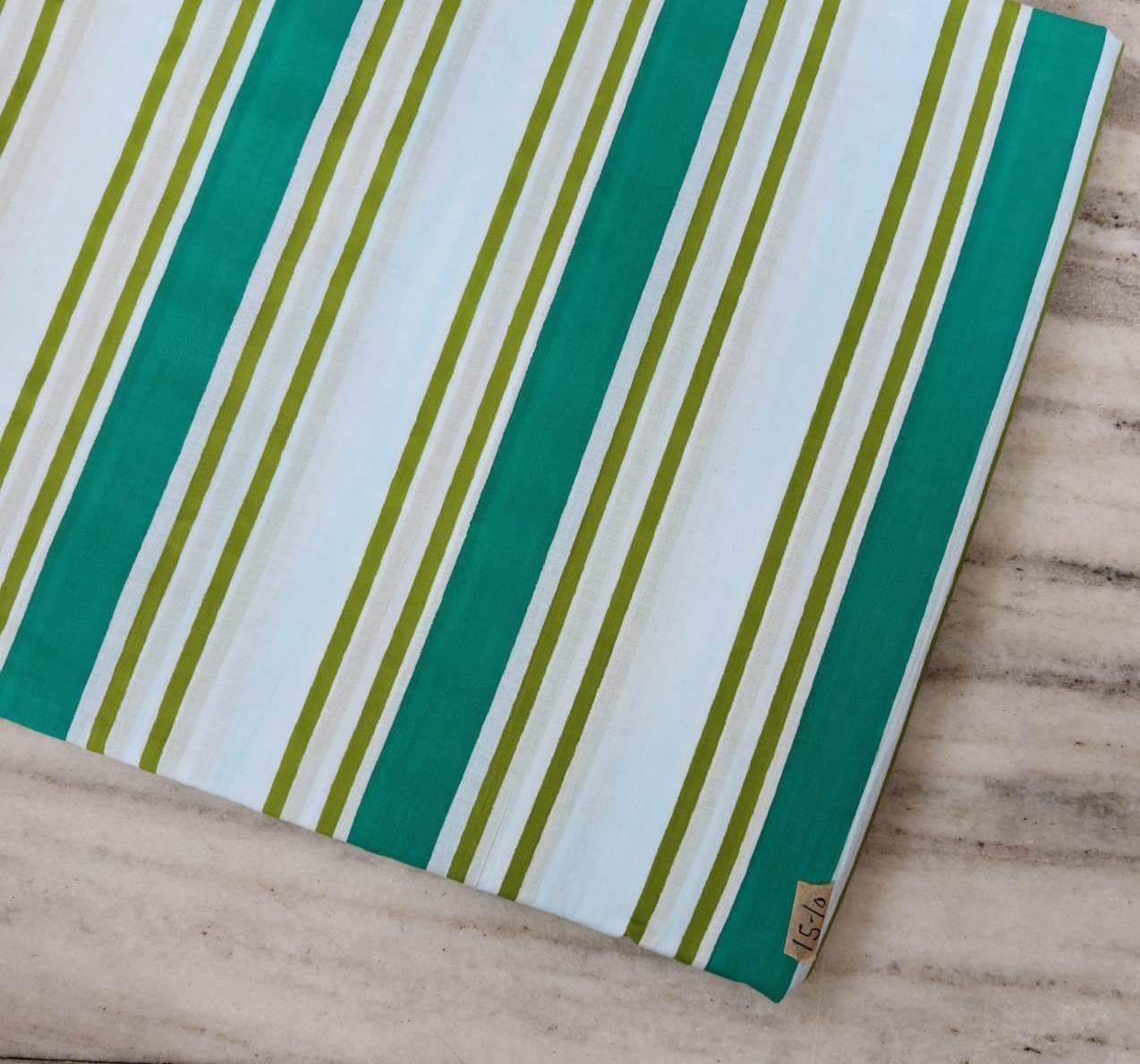 Green and White Striped Cotton Fabric, Hand Block Print Textile, Teal Olive Stripe Fabric, Soft Cotton, Sewing Craft Fabric, By the Yard