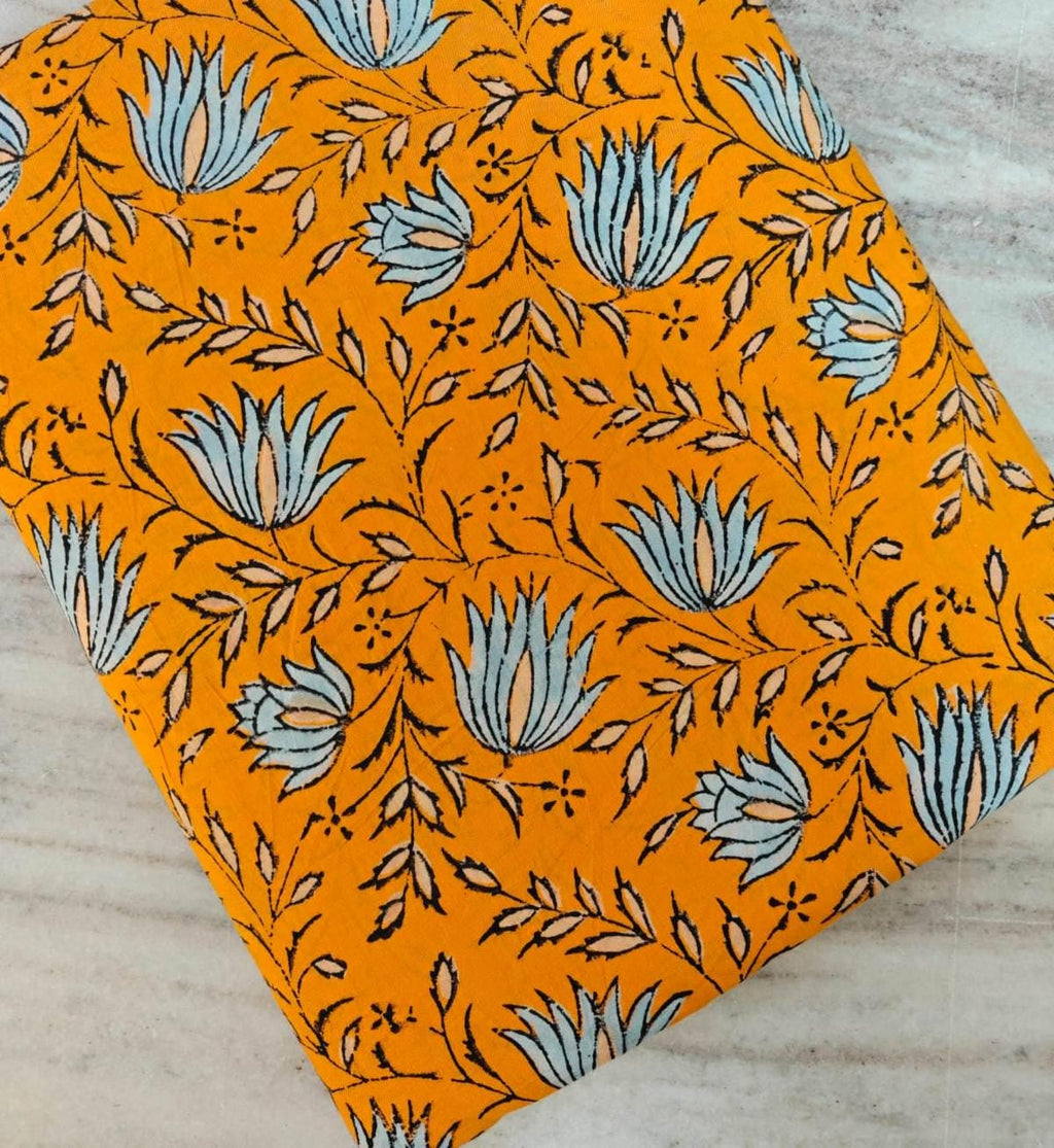 Mustard Orange Floral Cotton Fabric by Yard, Orange Lotus Flower Hand Block Print Fabric, Indian Soft Cotton for Quilting, Dress Making