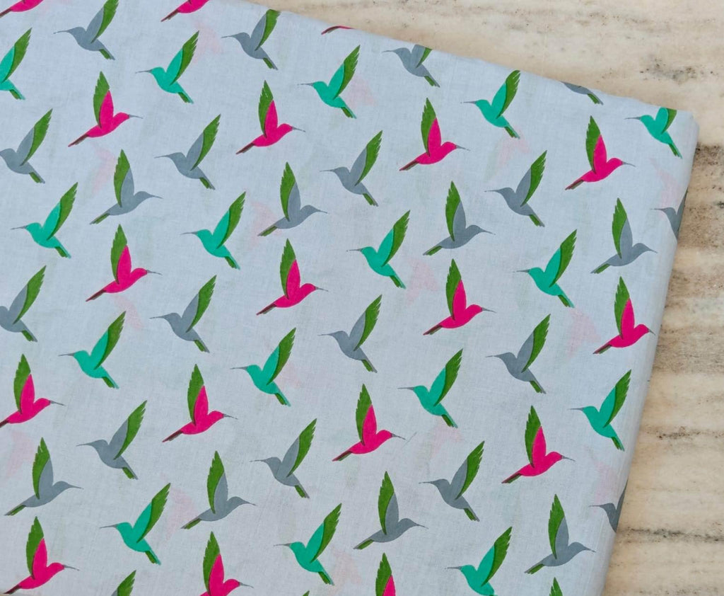 Colorful Hummingbird Cotton Fabric, Bird Print Fabric by the Yard, Modern Floral Animal Fabric, Sewing Craft Fabric, Pastel Background