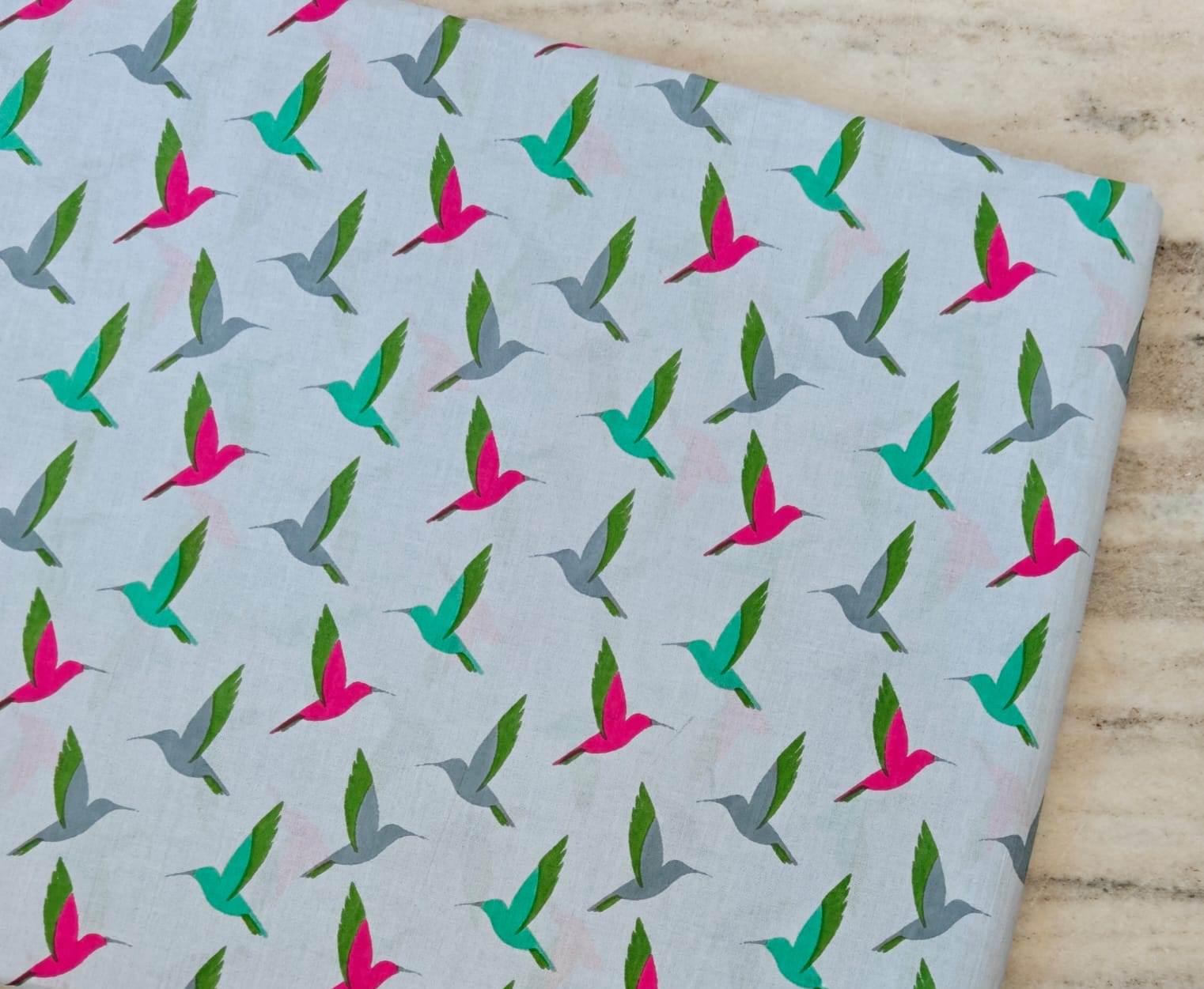 Colorful Hummingbird Cotton Fabric, Bird Print Fabric by the Yard, Modern Floral Animal Fabric, Sewing Craft Fabric, Pastel Background