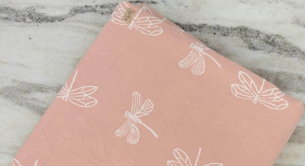 Soft Lightweight Peach Dragonfly Print Cotton Fabric, Indian Hand Block Print Fabric, 100% Cotton Fabric By The Yard, Loose Running Fabric