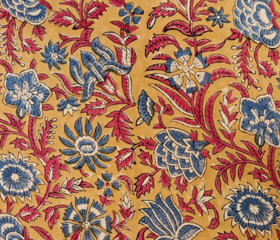 Mustard Yellow Floral Cotton Fabric by the Yard, Indian Block Print Fabric, Blue Red Flower Print, Quilting Sewing Craft Fabric, Napkins